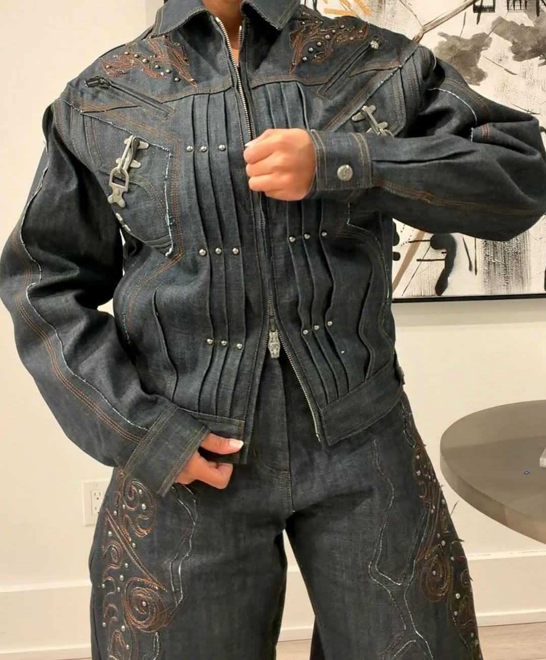 Embellished Denim Jacket & Wide-Leg Pants Set