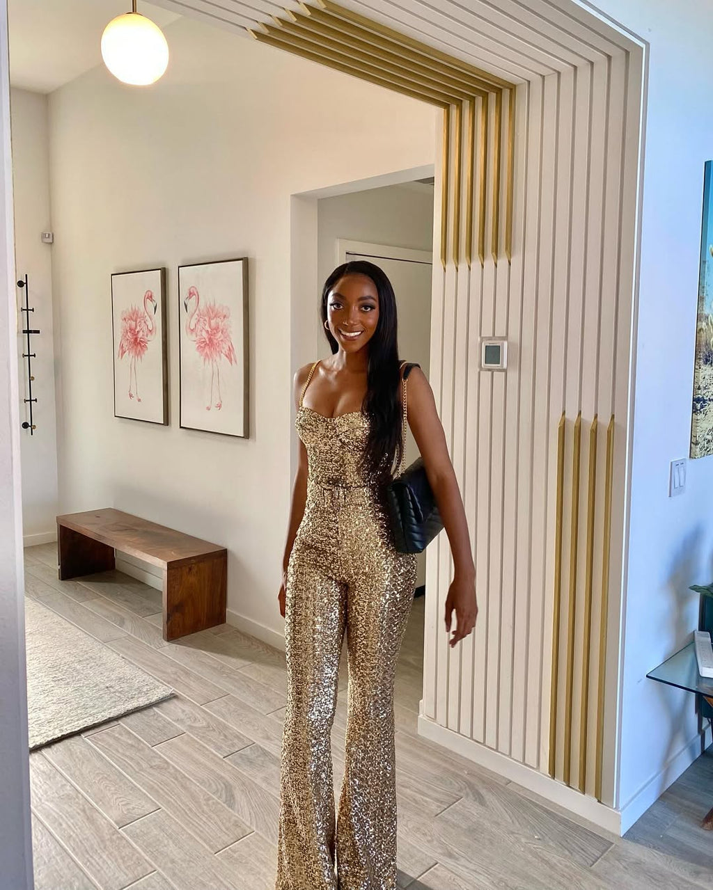 Gold Sequin Belted Flare Jumpsuit