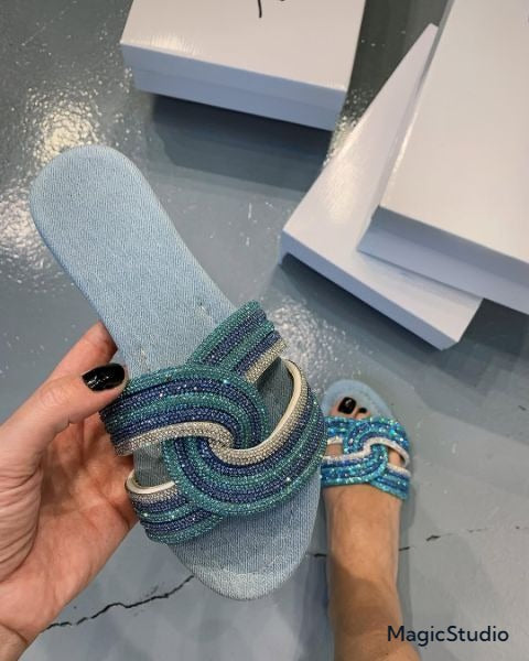 Light Blue Denim Swirl Crystal Slide Sandals