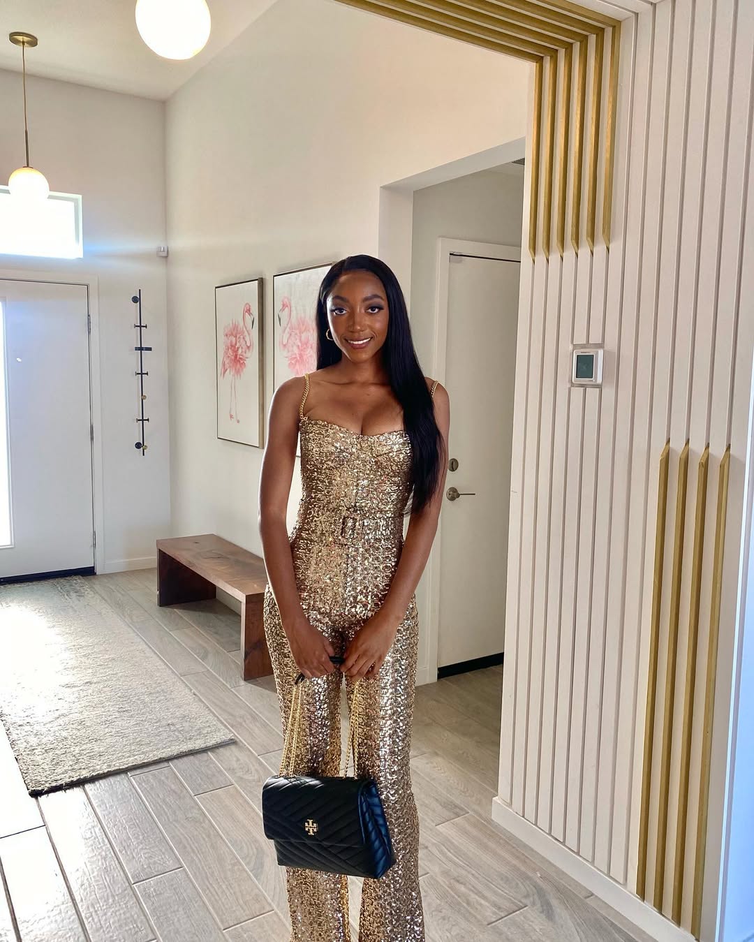 Gold Sequin Belted Flare Jumpsuit