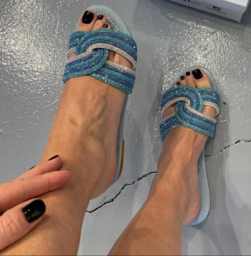 Light Blue Denim Swirl Crystal Slide Sandals