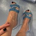 Light Blue Denim Swirl Crystal Slide Sandals