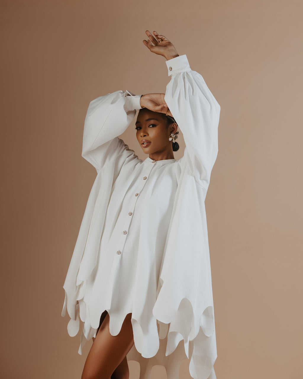 White Mandarin Collar Flared Sleeve Blouse