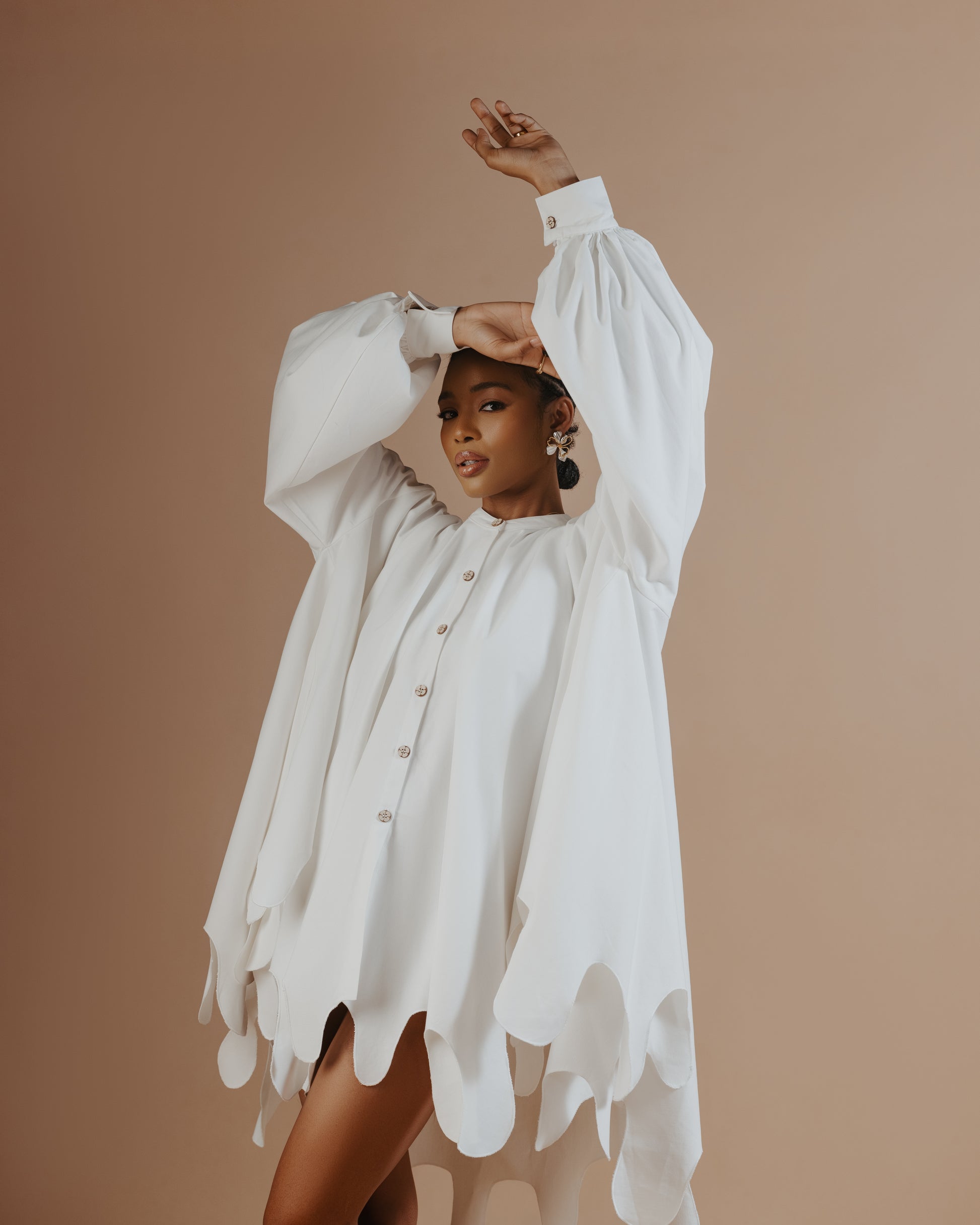 White Mandarin Collar Flared Sleeve Blouse