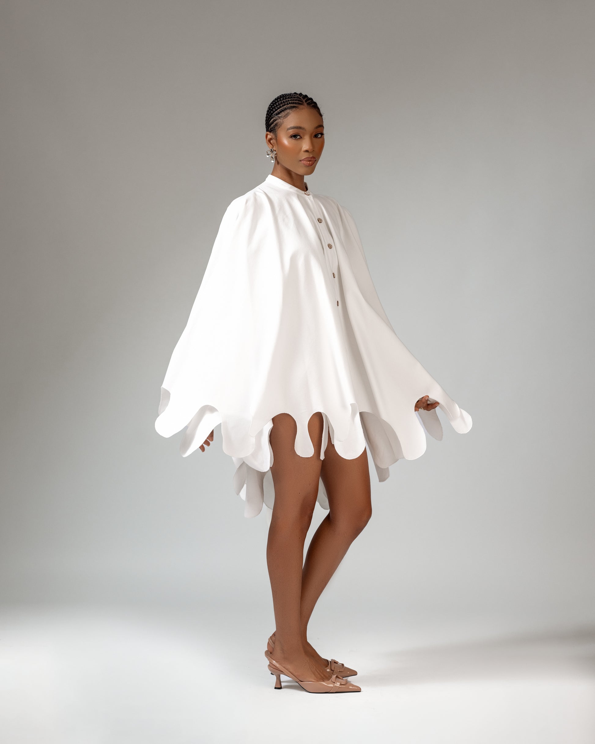 White Mandarin Collar Flared Sleeve Blouse