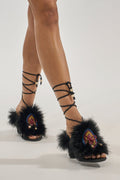 Black Fur-Trimmed Boho Embroidered Lace-Up Sandals