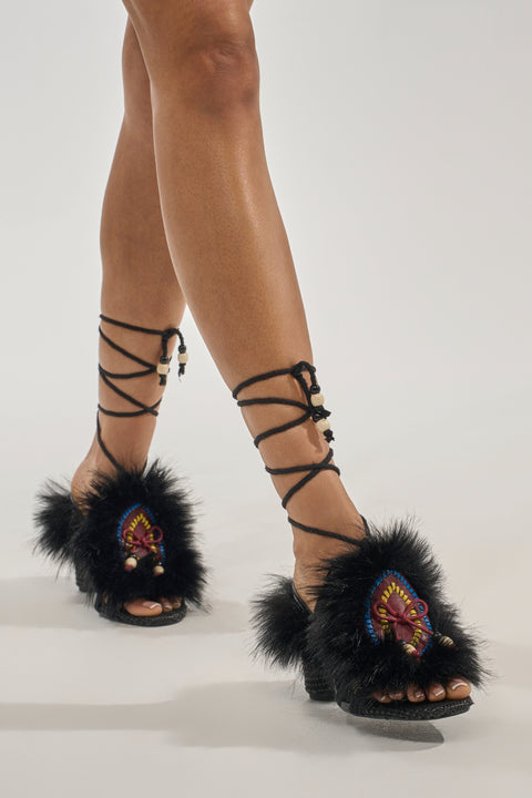 Black Fur-Trimmed Boho Embroidered Lace-Up Sandals