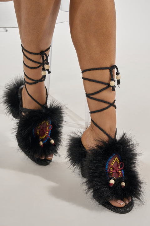 Black Fur-Trimmed Boho Embroidered Lace-Up Sandals