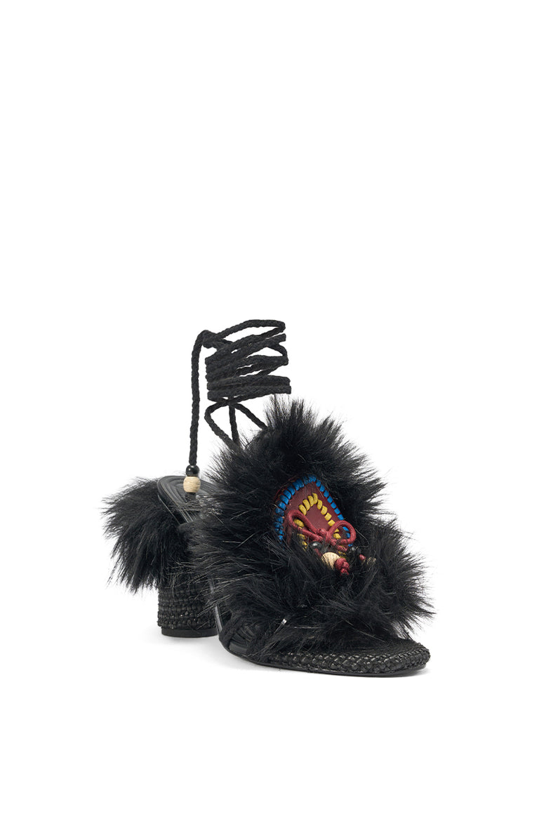 Black Fur-Trimmed Boho Embroidered Lace-Up Sandals