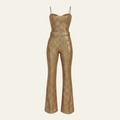 Gold Sequin Belted Flare Jumpsuit
