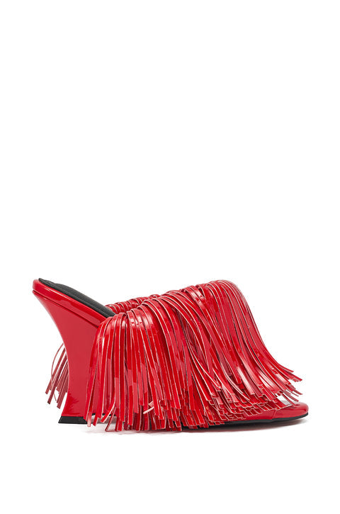 Black Patent Fringe Wedge Mules