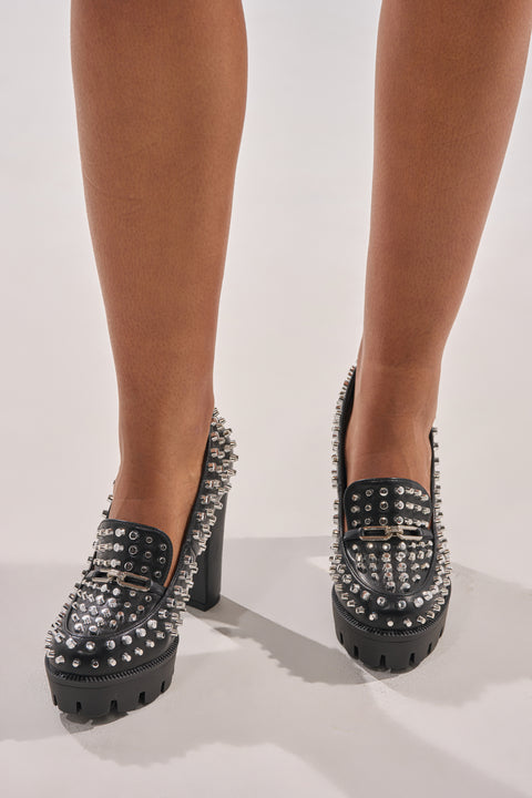 Black Leather Rhinestone-Embellished Platform Loafer Heels