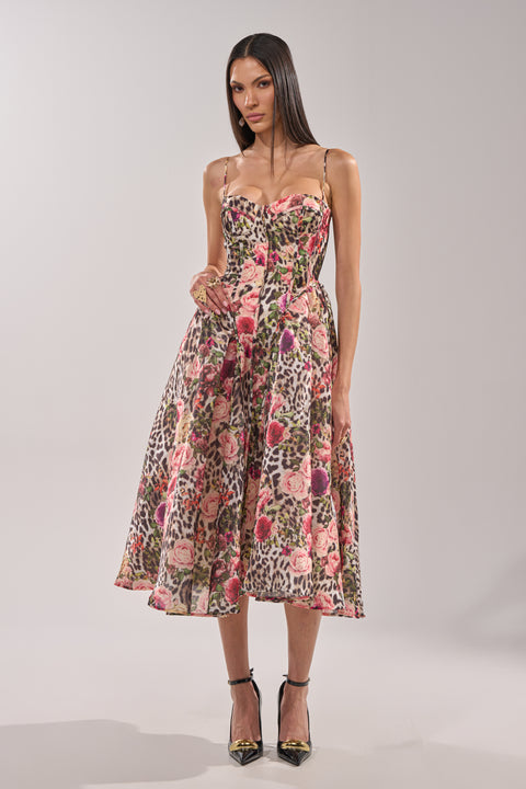 Leopard Floral Print Corset Midi Dress