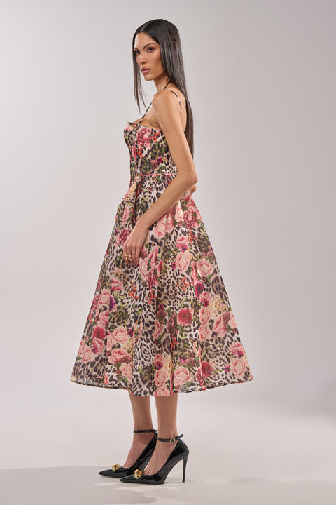 Leopard Floral Print Corset Midi Dress