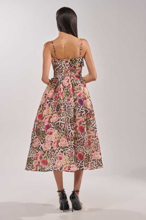 Leopard Floral Print Corset Midi Dress