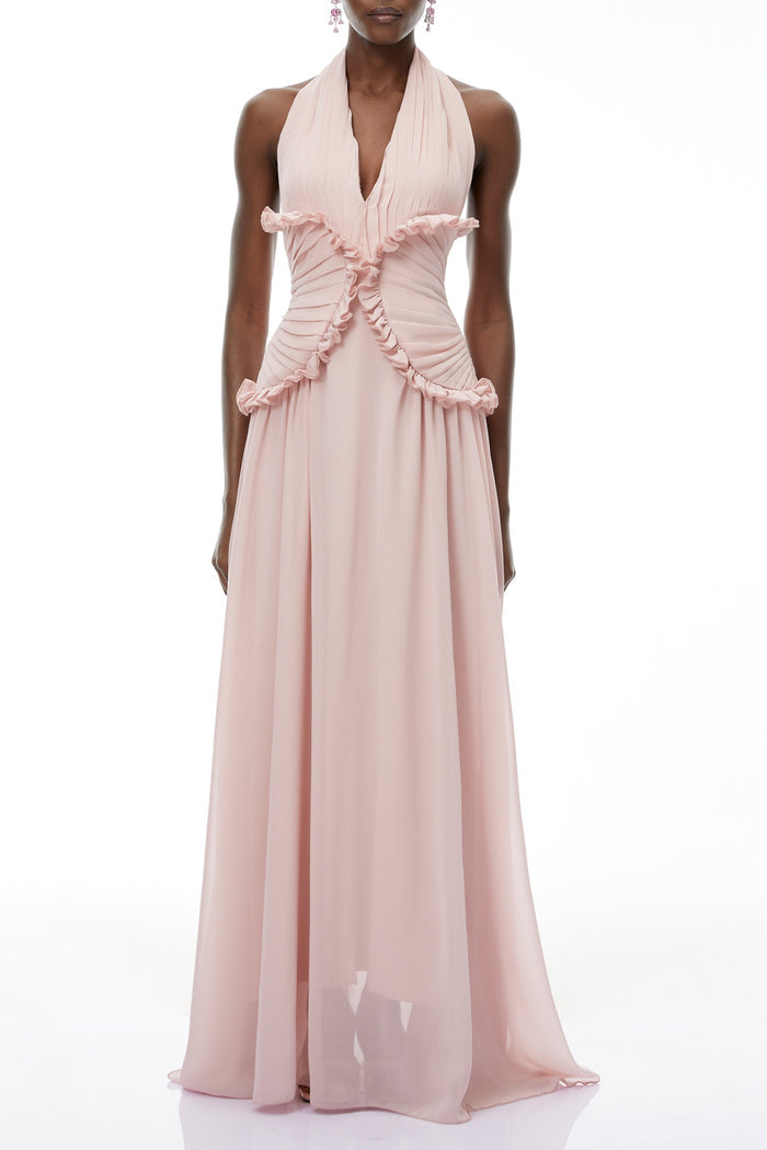 Blush Pink Ruffle Halter Maxi Gown