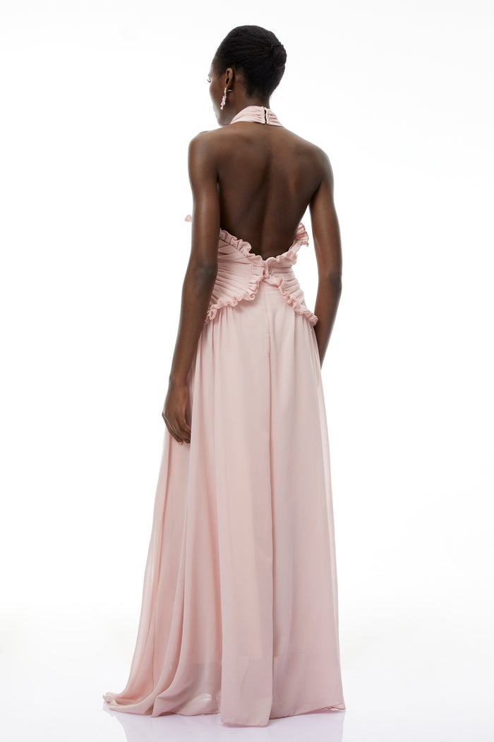 Blush Pink Ruffle Halter Maxi Gown