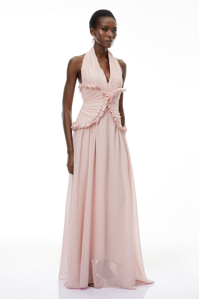 Blush Pink Ruffle Halter Maxi Gown