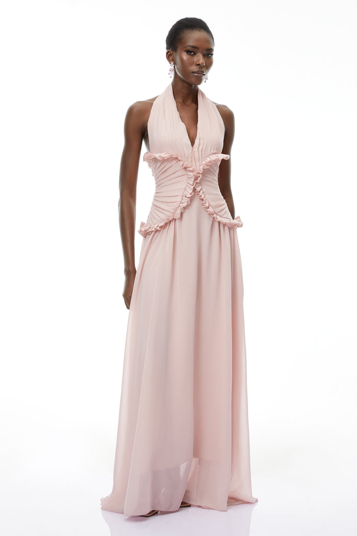 Blush Pink Ruffle Halter Maxi Gown