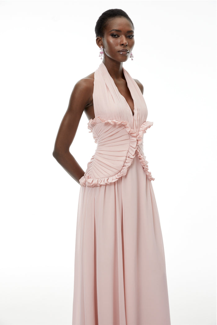 Blush Pink Ruffle Halter Maxi Gown
