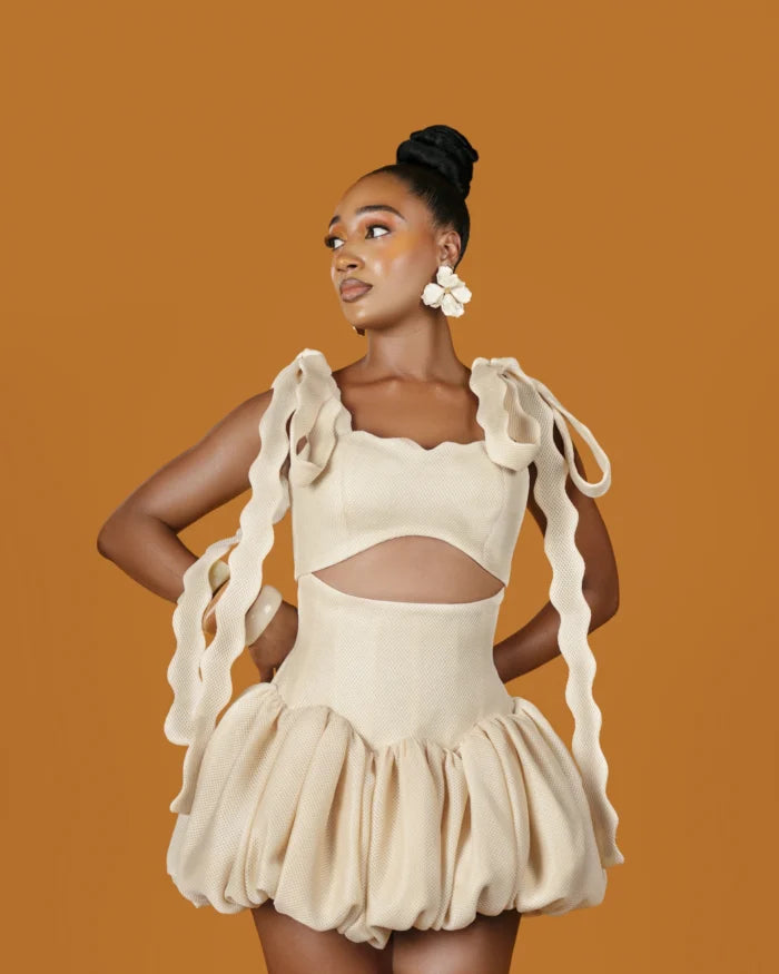 Cream Cutout Bubble Romper Dress