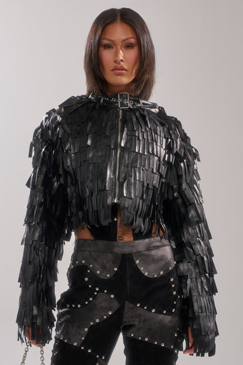 Black Faux Leather Fringe Cropped Bomber Jacket