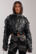 Black Faux Leather Fringe Cropped Bomber Jacket