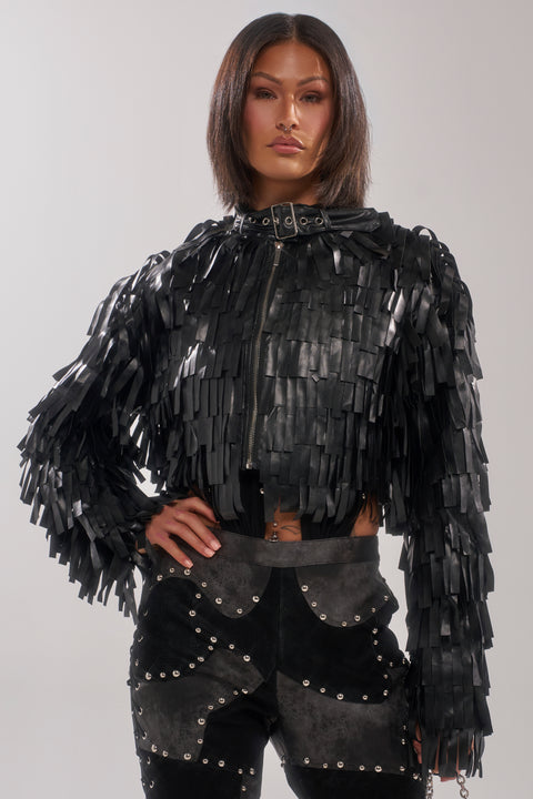 Black Faux Leather Fringe Cropped Bomber Jacket