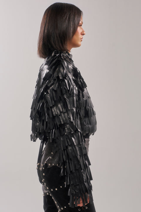 Black Faux Leather Fringe Cropped Bomber Jacket