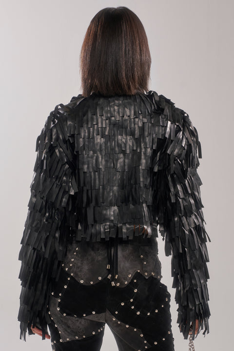 Black Faux Leather Fringe Cropped Bomber Jacket