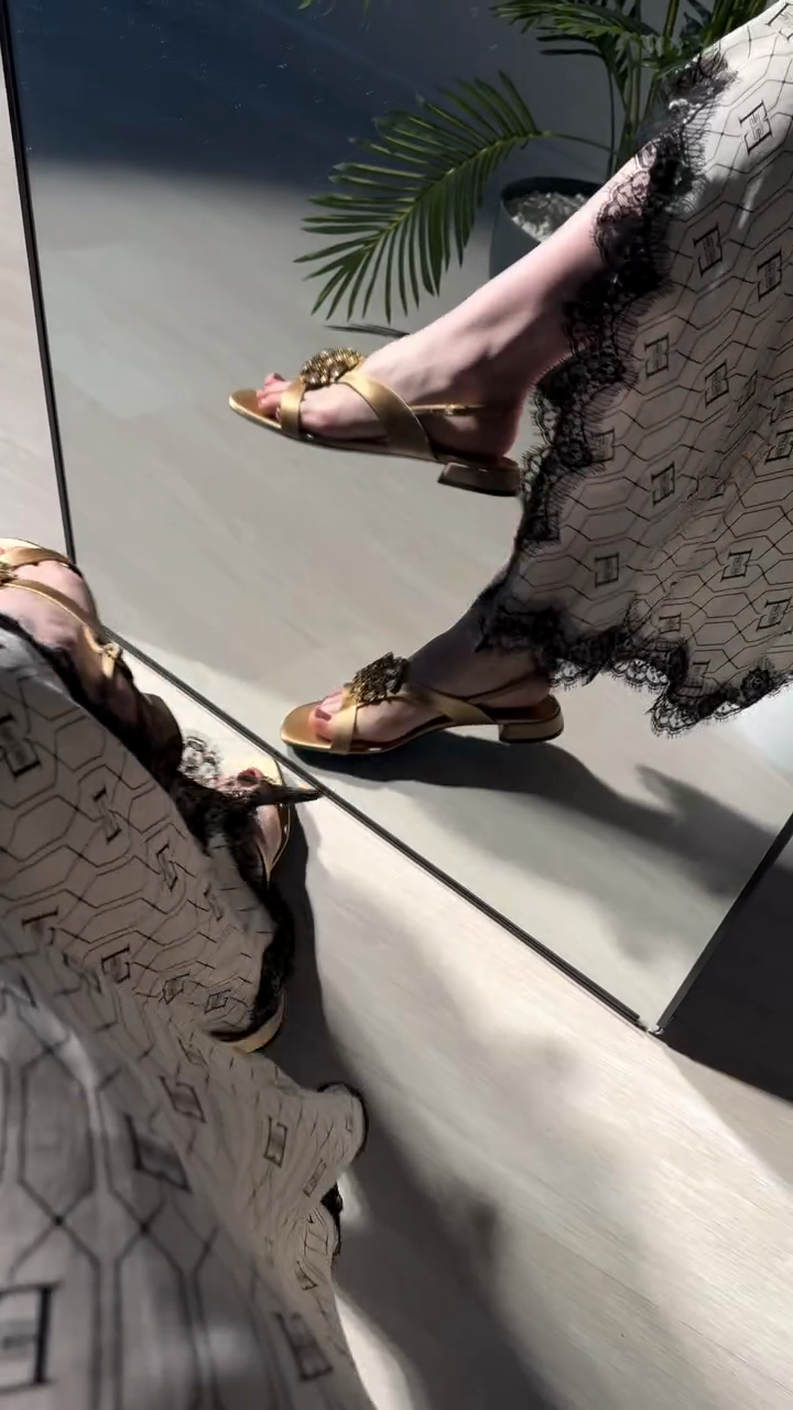 Gold Metallic Embellished Low Block Heel Sandals