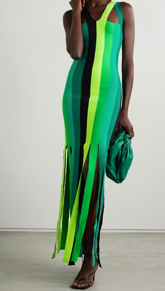 Green Striped Fringe Hem Bandage Maxi Dress