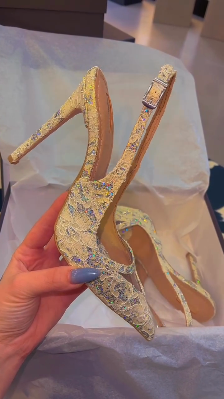 Champagne Lace & Iridescent Glitter Pointed-Toe Slingback Heels