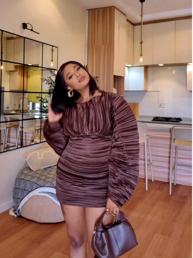Chocolate Plisse Puff Sleeve Mini Dress
