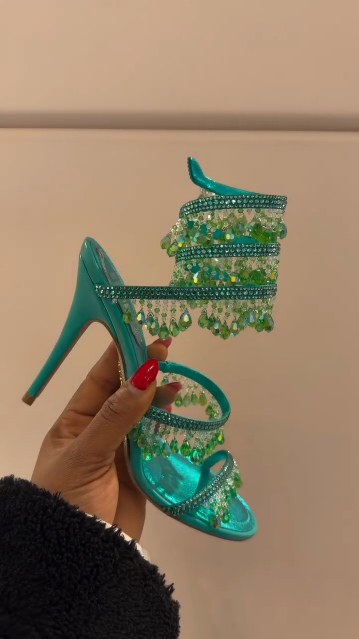 Turquoise Satin Green Crystal Tassel Multi-Strap Stiletto Heel Sandals