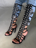 Black Leather Clear Crystal Circle Cutout Gladiator Knee-High Stiletto Boots