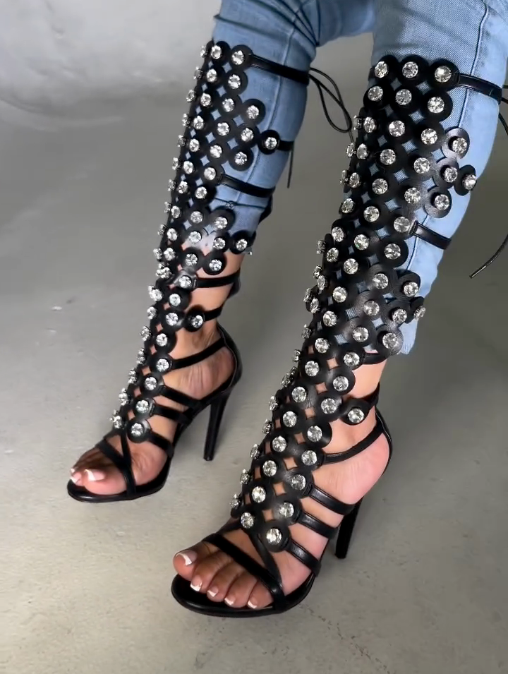 Black Leather Clear Crystal Circle Cutout Gladiator Knee-High Stiletto Boots