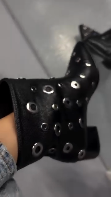 Black Pebbled Leather Silver Eyelet Pointed-Toe Block Heel Ankle Boots