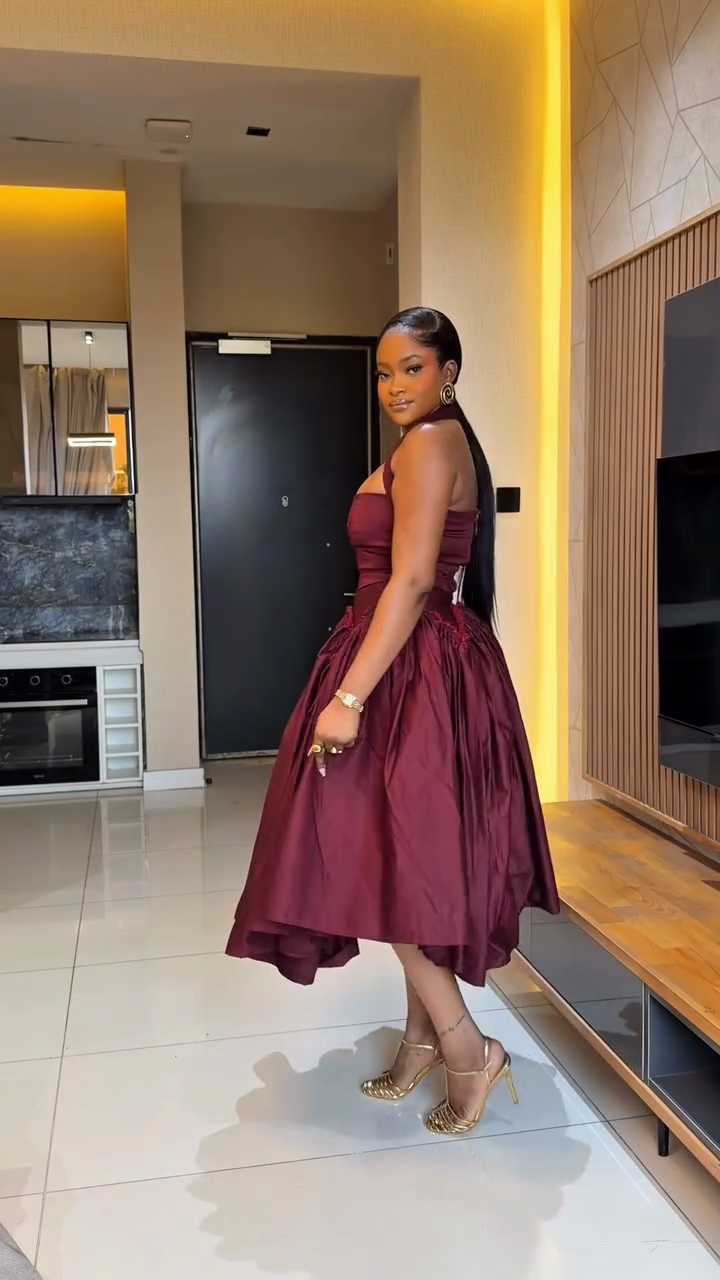 Burgundy Halter Midi Dress with Voluminous Skirt