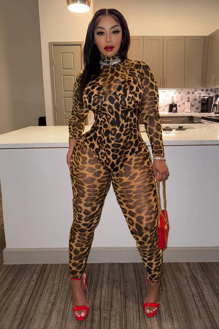 Leopard Print Sheer Turtleneck Long Sleeve Jumpsuit