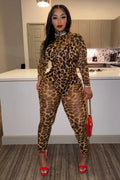 Leopard Print Sheer Turtleneck Long Sleeve Jumpsuit