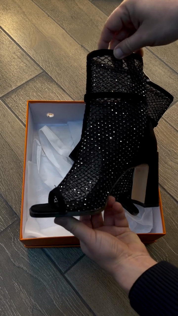 Black Rhinestone Mesh Peep-Toe Ankle Boots