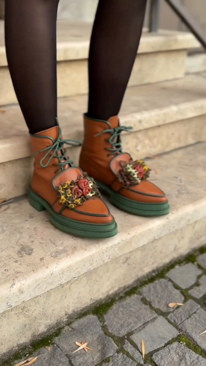 Tan Leather Floral-Embellished Lace-Up Ankle Boots