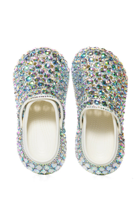 Rhinestone-Encrusted White Platform Clogs
