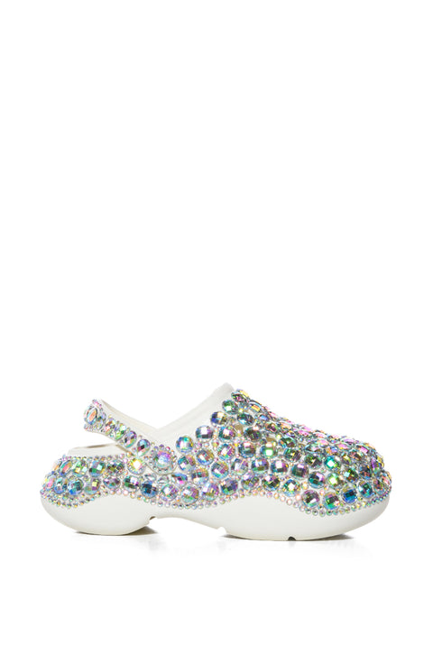 Rhinestone-Encrusted White Platform Clogs