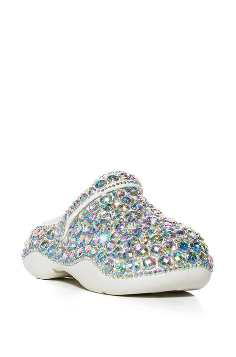 Rhinestone-Encrusted White Platform Clogs