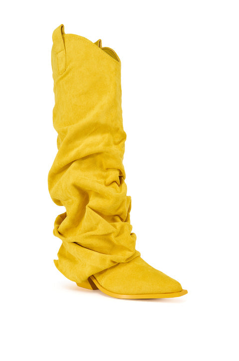 Yellow Faux Suede Slouchy Western Cowboy Boots