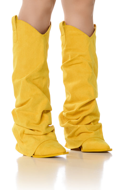 Yellow Faux Suede Slouchy Western Cowboy Boots