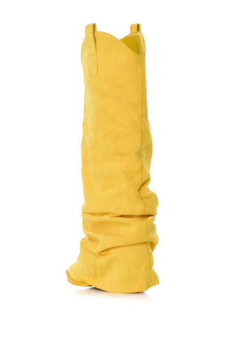 Yellow Faux Suede Slouchy Western Cowboy Boots