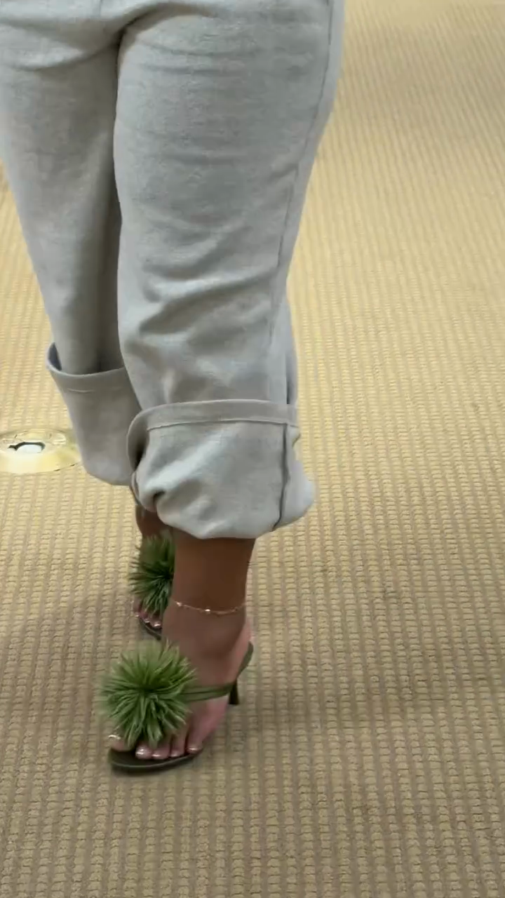 Green Feather Pom-Pom Heeled Sandals